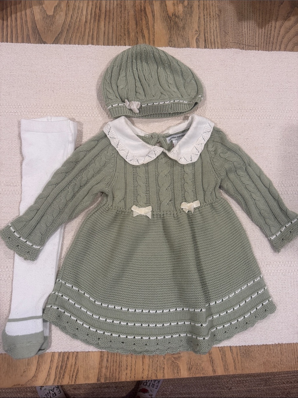 Cupcakes & Cashmere Knit Baby Dress Set in Sage Green with White Collar